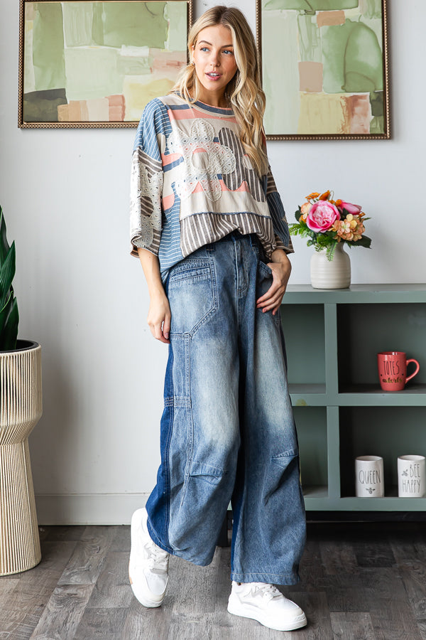 MINERAL WASHED COLORBLOCK CROPPED DENIM JEAN