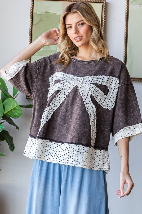 WASHED RIBBON PATCHWORK SHORT SLEEVE OVERSIZED TOP