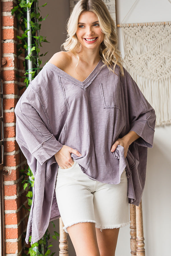 OVERSIZED V NECK SHARKBITE HEM SOFT KNIT TOP