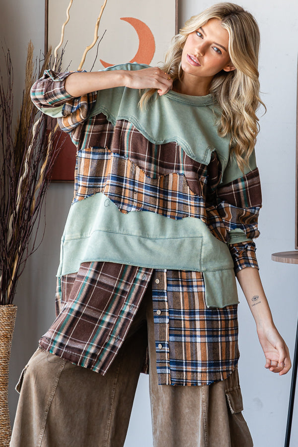 WASHED PLAID PATCHWORK TUNIC LONG SLEEVE TOP