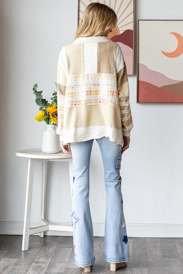 WASHED MIXED FABRIC BUTTON COLLAR LONG SLEEVE TOP