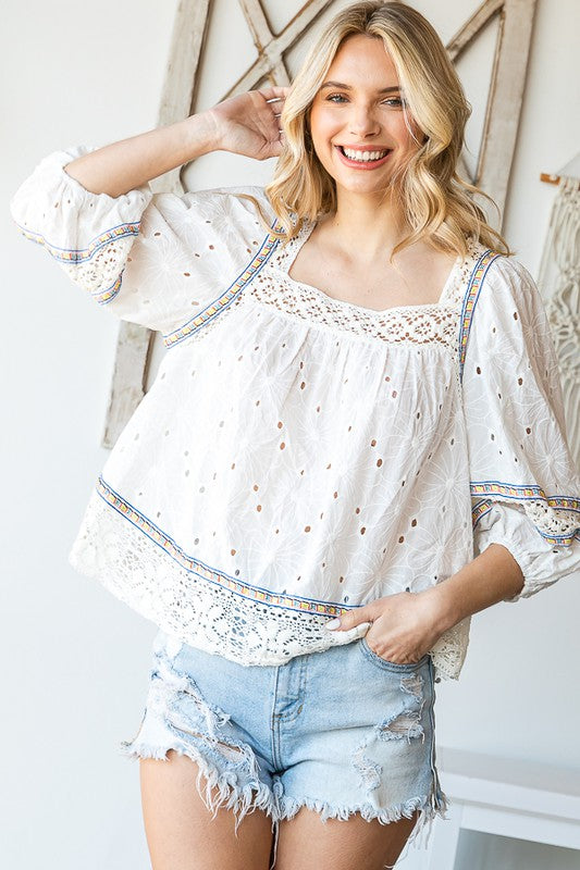 WASHED EYELET LACED BABYDOLL TOP