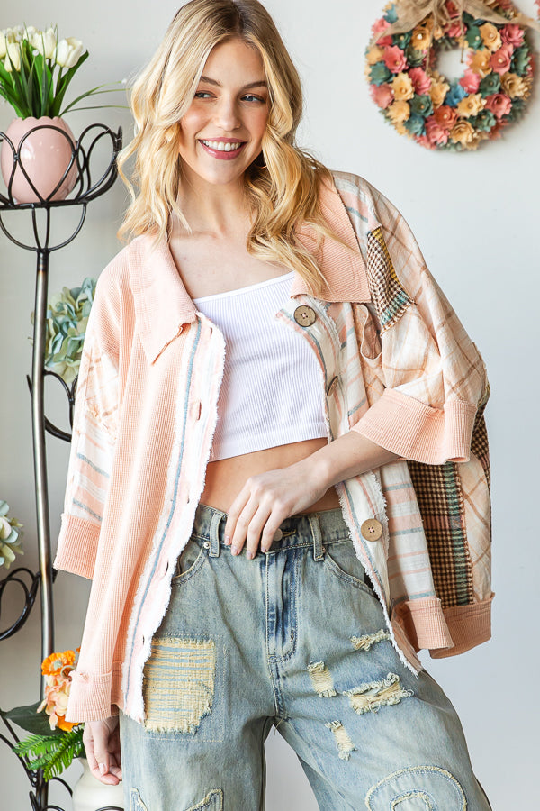 WASHED MIX MEDIA BUTTON DOWN SHORT SLEEVE SHIRT