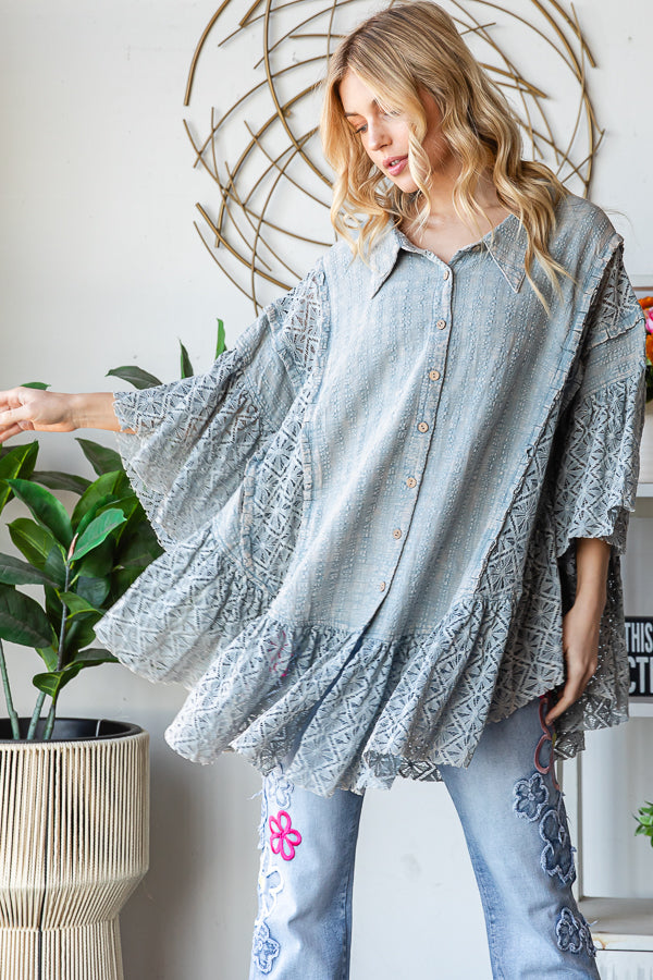 WASHED LACE RUFFLE HEM BUTTON FRONT SHIRT