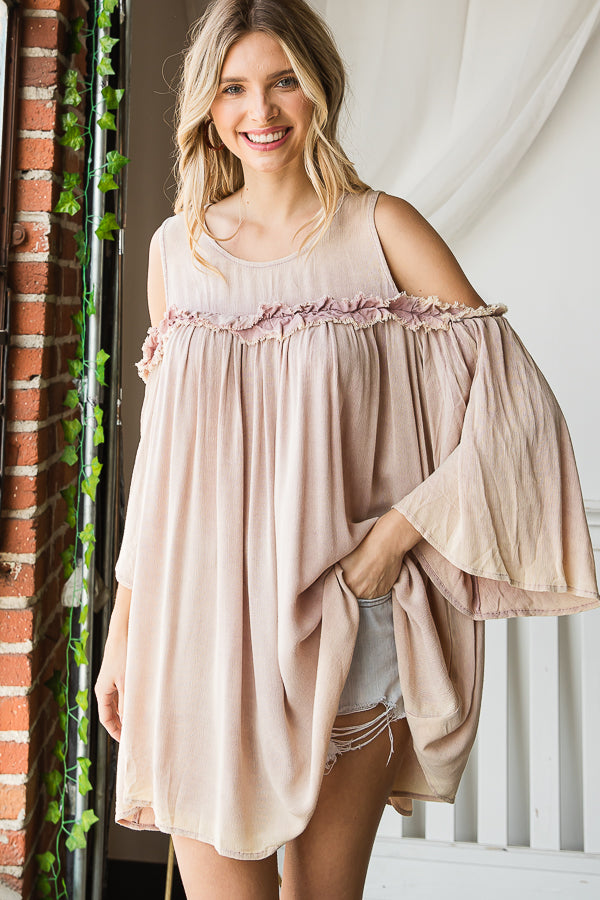 WASHED COLD SHOULDER RUFFLE DETAIL TUNIC TOP