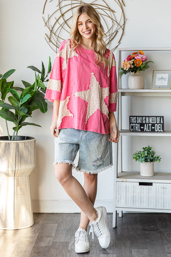 WASHED STAR PATCHWORK SHORT SLEEVE TOP
