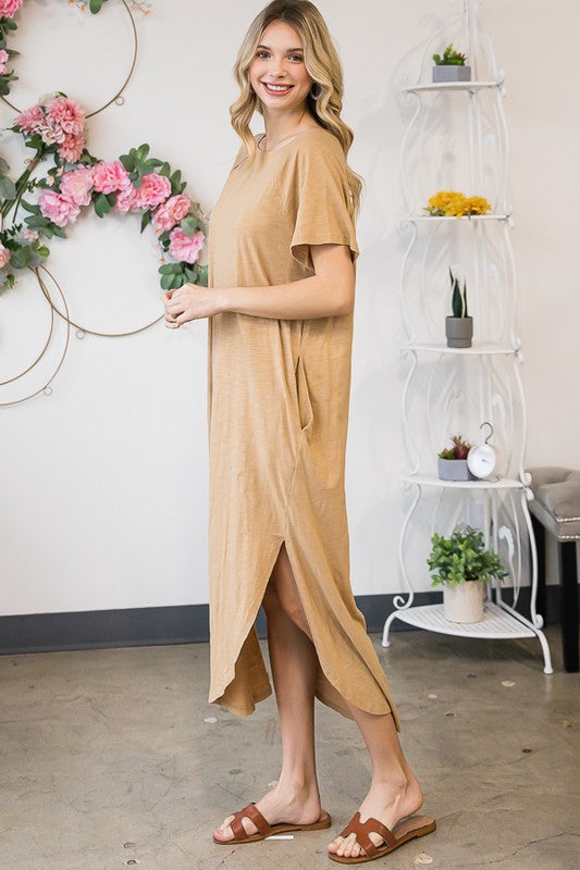 WASHED COTTON SHORT SLEEVE OVERSIZED MIDI DRESS