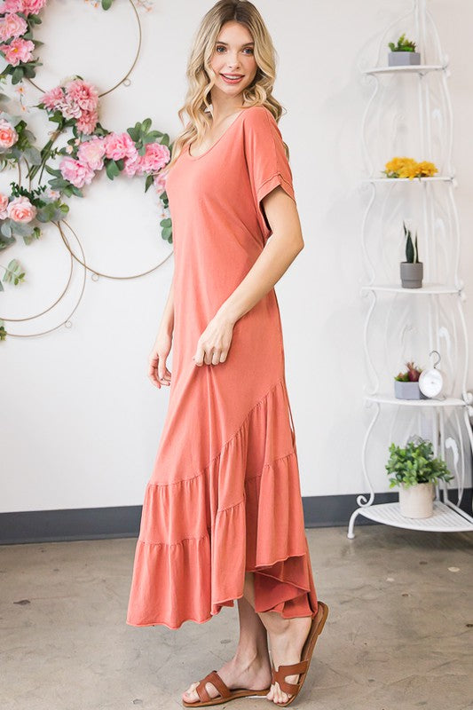 WASHED RUFFLE TIERED HEM SHORT SLEEVE MIDI DRESS