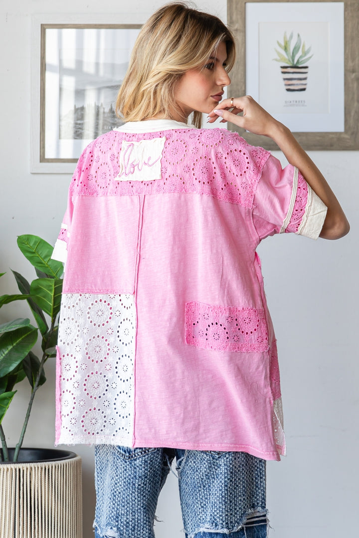 WASHED EYELET COLORBLOCK LOVE TEE SHIRT