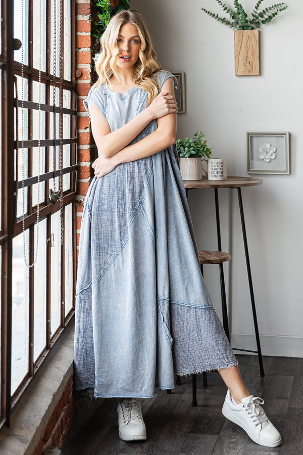 WASHED PATCHWORK DETAIL MIDI DRESS