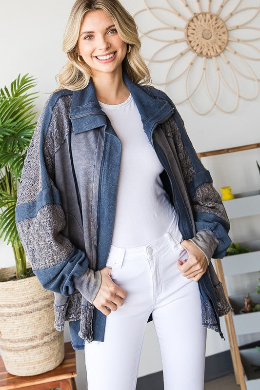 WASHED MIX MEDIA CROCHET LACE FRENCH TERRY JACKET