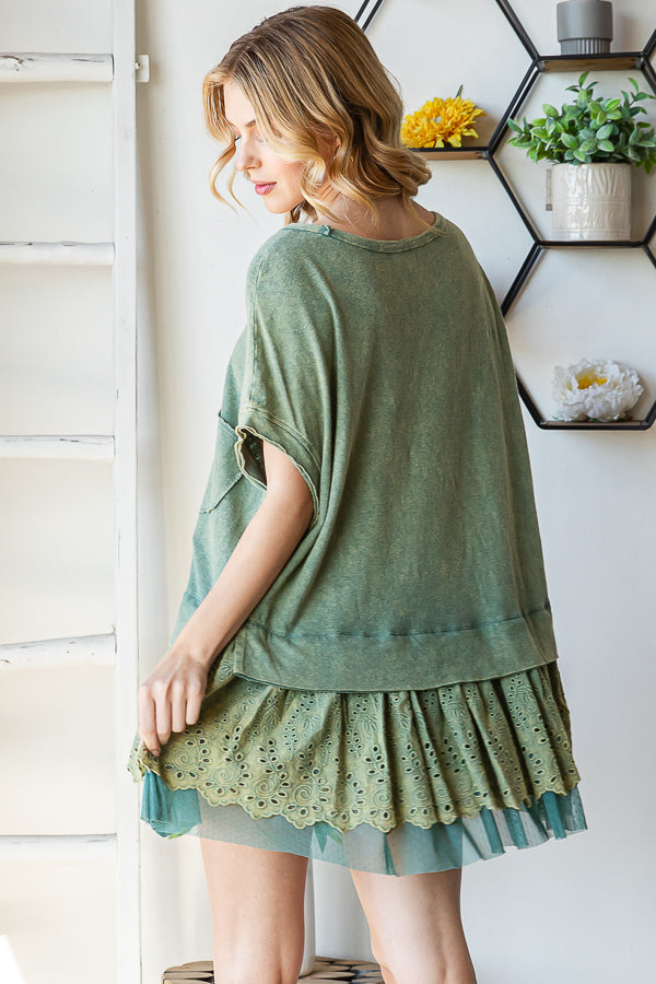 WASHED LAYERED RUFFLE EYELET LACE HEM PEPLUM TOP
