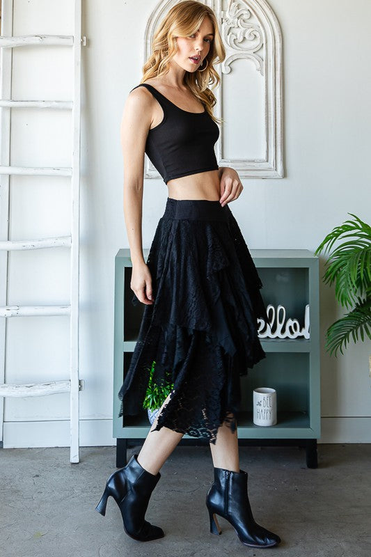 LAYERED LACE MIX MEDIA KNEE LENGTH SKIRT