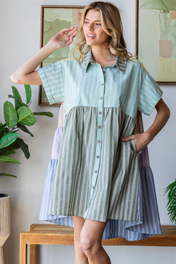 COLORBLOCK STRIPED COLLAR FLARE HEM SHIRT DRESS
