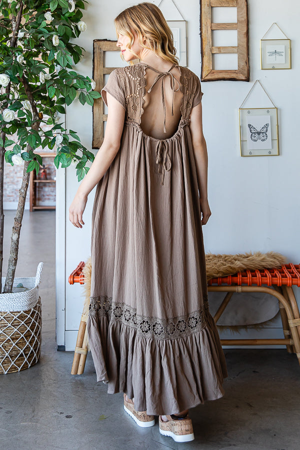 CROCHET YOKE RUFFLE FLARE HEM GAUZE MAXI DRESS