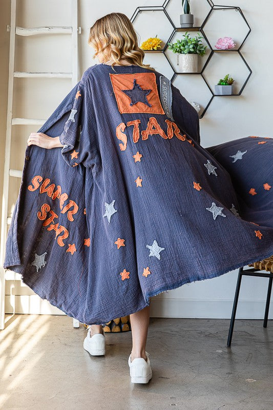 WASHED STAR PATCHWORK DETAIL BUTTON FRONT DUSTER