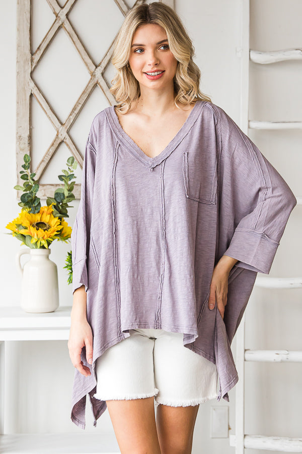 OVERSIZED V NECK SHARKBITE HEM SOFT KNIT TOP