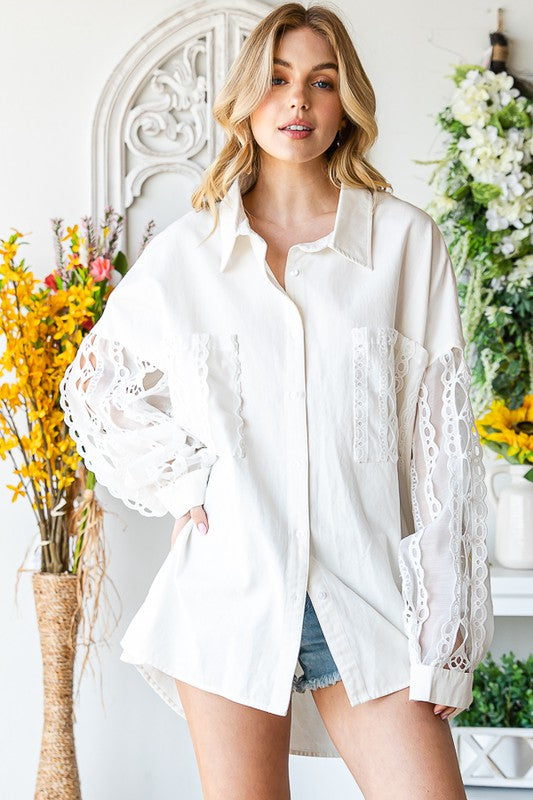 MINERAL WASHED EMBROIDERY ORGANZA SLEEVE SHIRTS