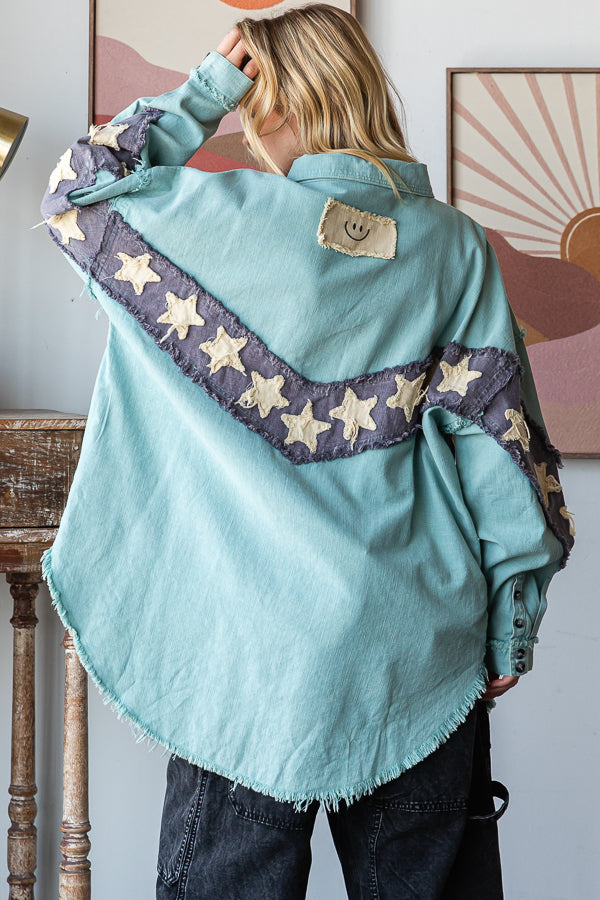 WASHED STAR PATCHWORK BUTTON DOWN SHACKET