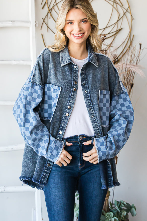 MINERAL WASHED CHECKERED SLEEVE DENIM SHACKET
