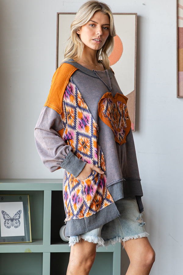 WASHED LOVE HEART PATCHWORK PULLOVER TOP