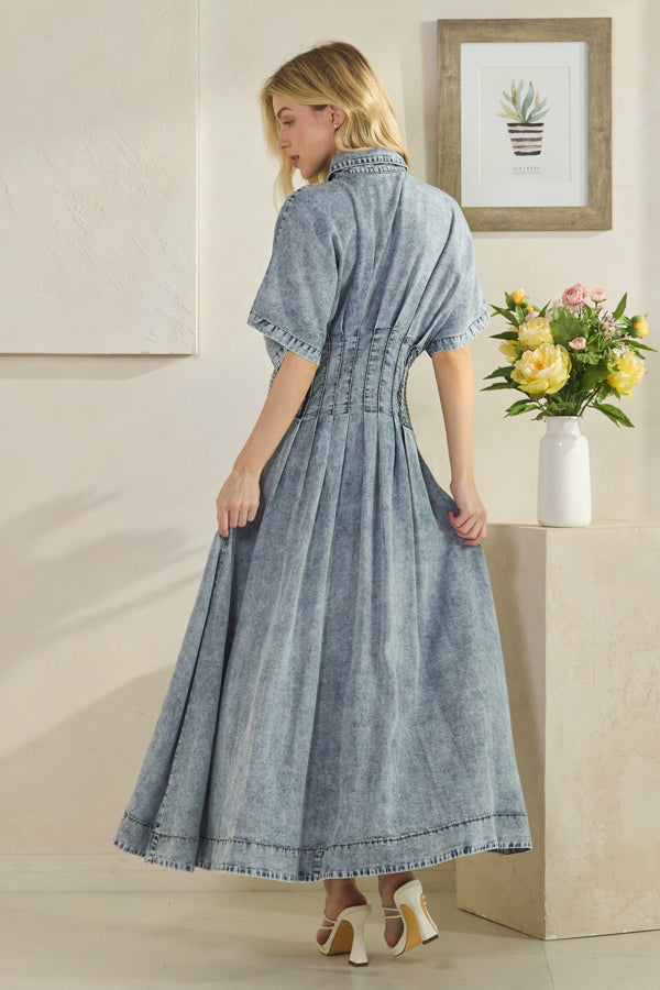 WASHED SMOCKED WAIST BUTTON DOWN TENCEL DRESS