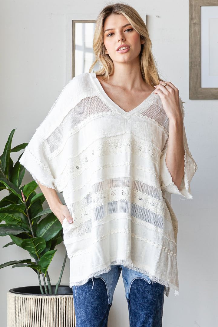 WASHED MIX MEDIA V NECK CASUAL TOP