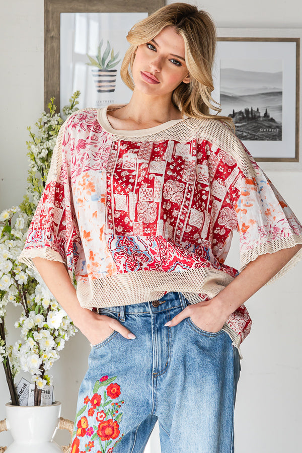 MIXED PRINT MESH CONTRAST RELAXED TOP