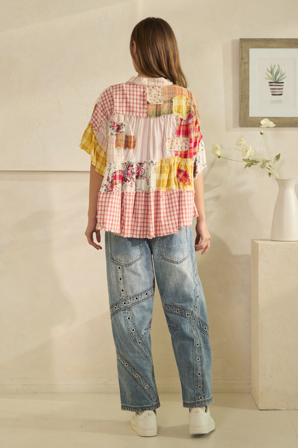 WASHED RUFFLE HEM MIXED PLAID TOP