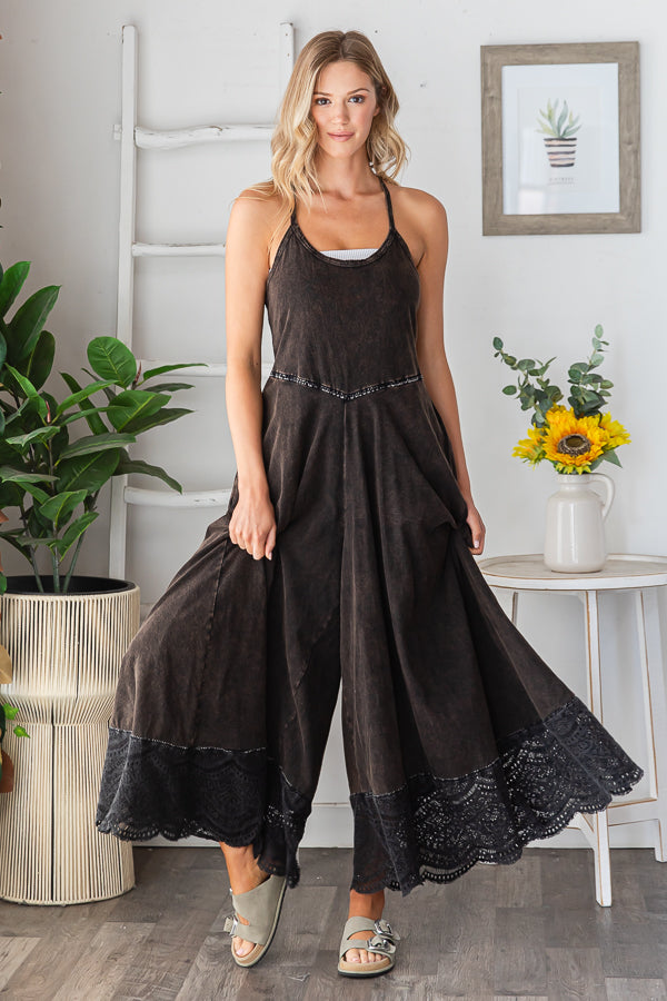 WASHED KEYHOLE BACK DETAILED WIDE LEG ROMPER