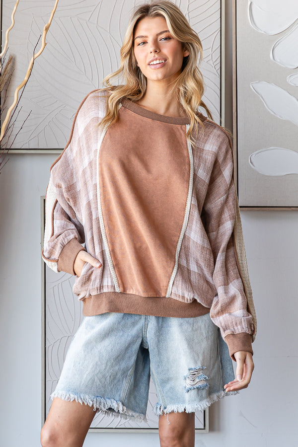 WASHED PLAID MIX MEDIA LONG SLEEVE PULLOVER TOP