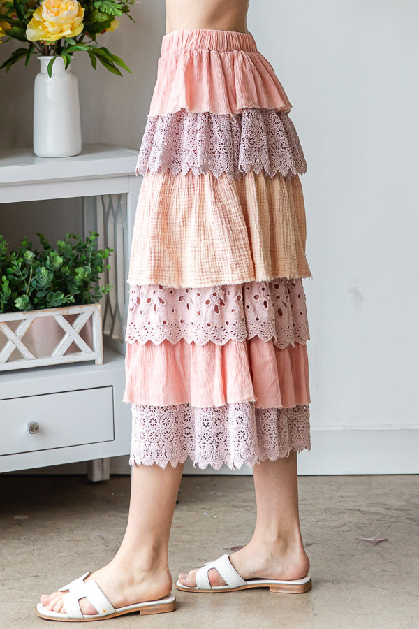 WASHED MIX MEDIA TIERED WIDE LEG CROPPED PANTS