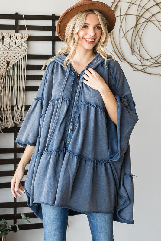 WASHED ZIP CLOSURE HOODED TIERED PULLOVER PONCHO