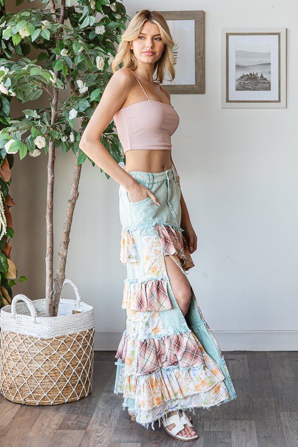 WASHED PLAID FLOWER PATCHWORK SLIT MAXI SKIRT