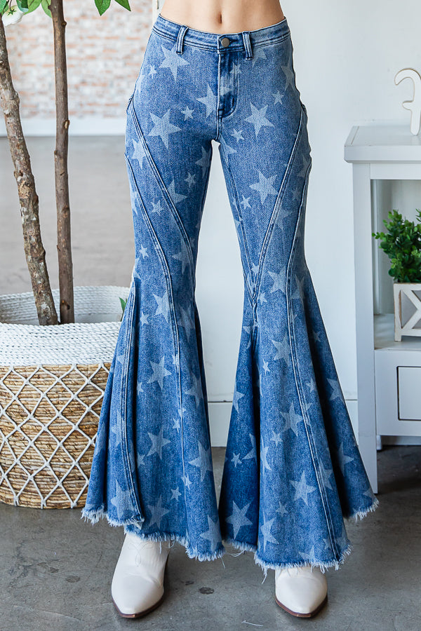 STAR DETAIL RUFFLE FLARE HEM DENIM JEANS
