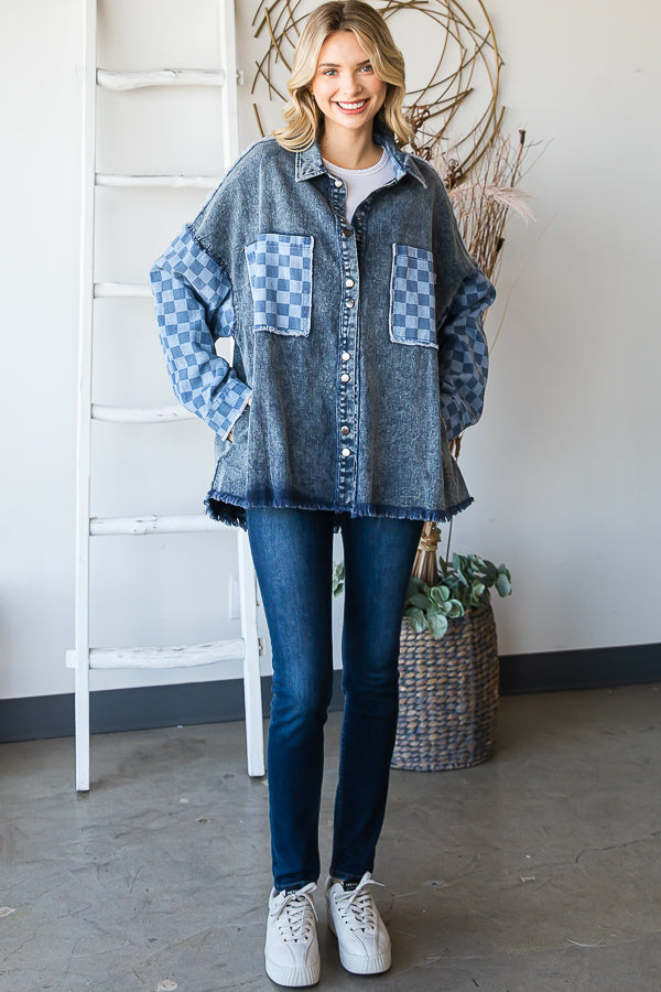 MINERAL WASHED CHECKERED SLEEVE DENIM SHACKET