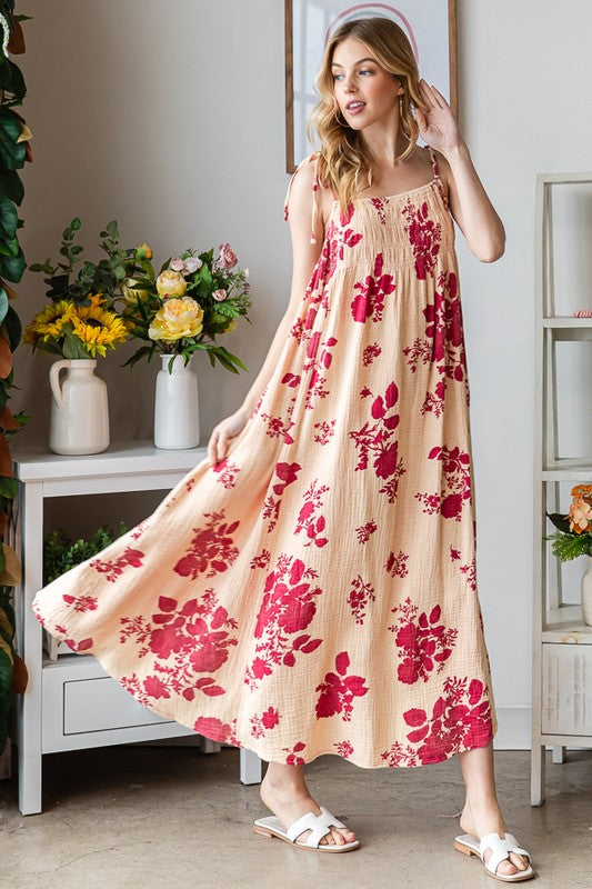 PRINTED TIE STRAPS SMOCKED FRONT MAXI DRESS