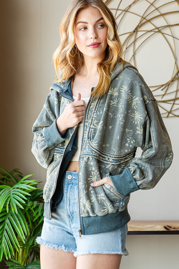 PRINTED DETAIL HOODED ZIP FRONT JACKET