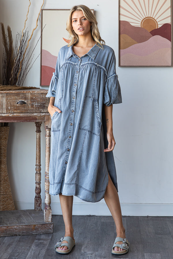 WASHED BUBBLE SHORT SLEEVE TENCEL SHIRT MIDI DRESS