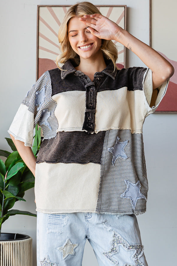 WASHED STAR PATCHWORK HALF COLLARED SHIRT