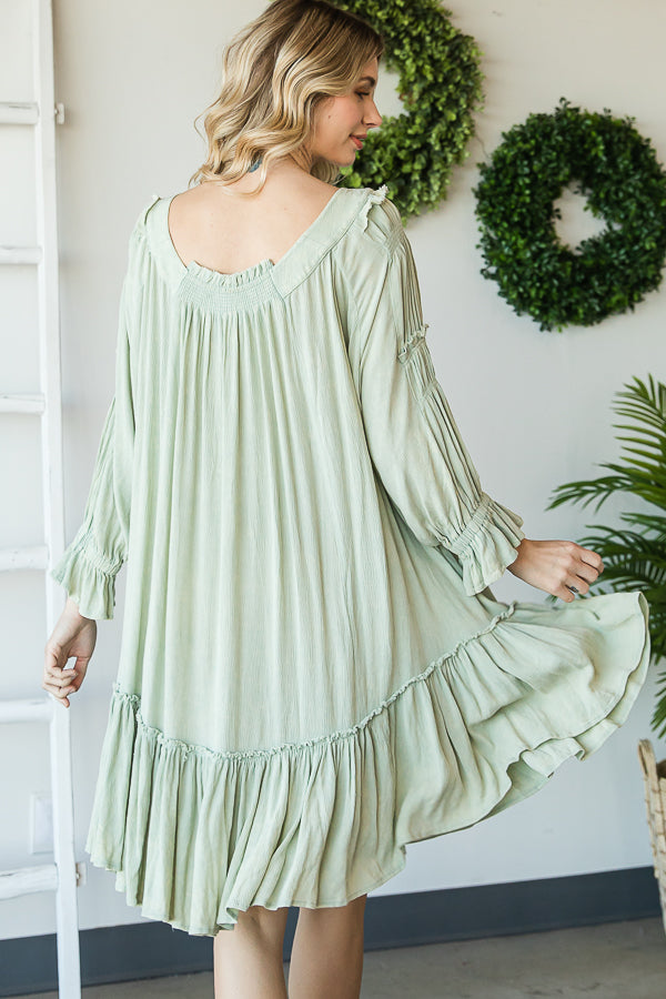 WASHED SCOOP NECK RUFFLE HEM BABYDOLL DRESS