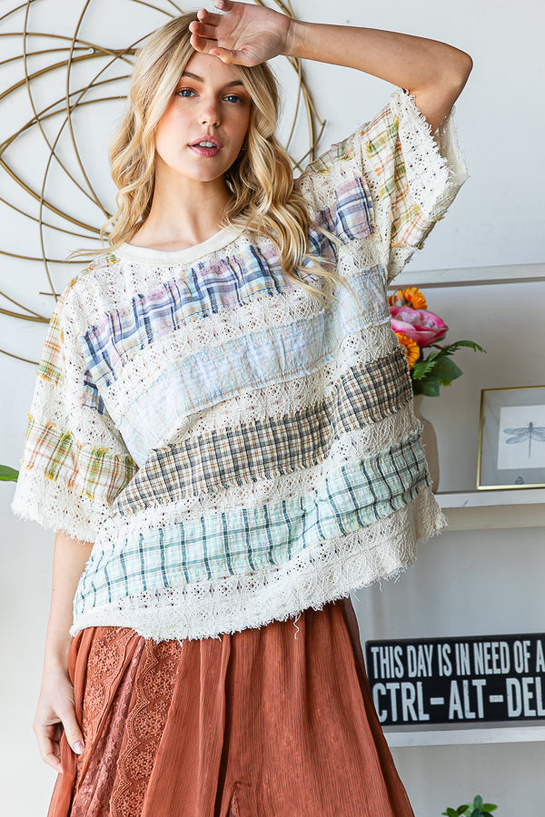WASHED LACE INSERT PLAID MIX KNIT TOP