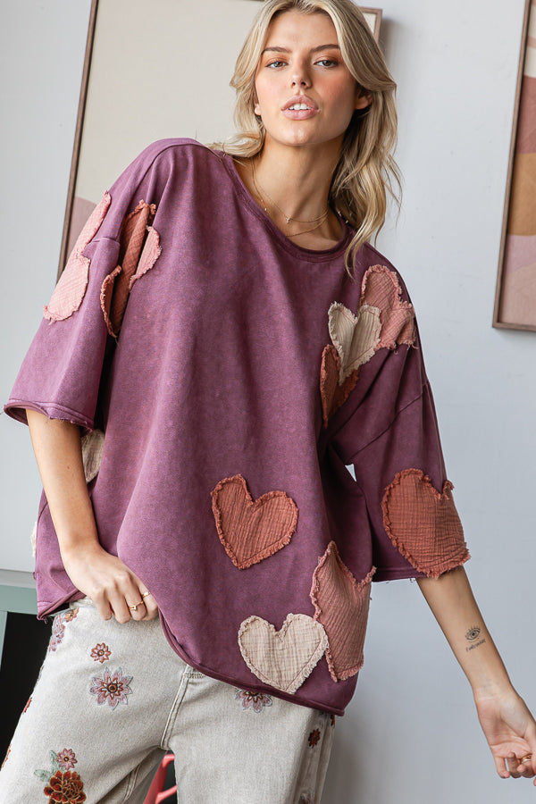 HEART PATCHWORK MINERAL WASHED SHORT SLEEVE TEE