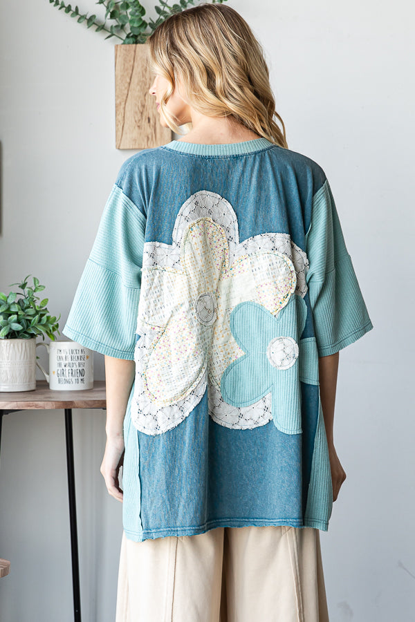 WASHED FLOWER PATCHWORK SHORT SLEEVE TOP