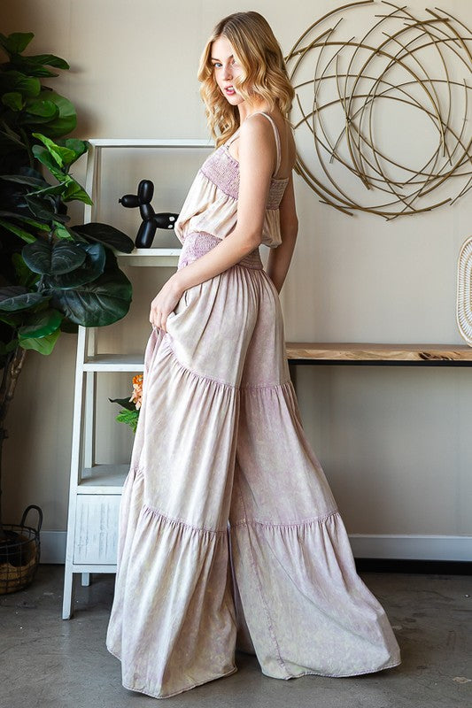 WASHED TIERED SMOCKED WAIST WIDE LEG JUMPSUIT