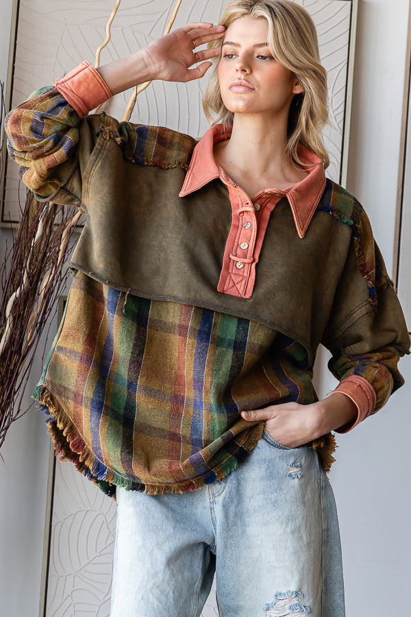 MIX MEDIA COLLARED NECK FRAY HEM LONG SLEEVE SHIRT