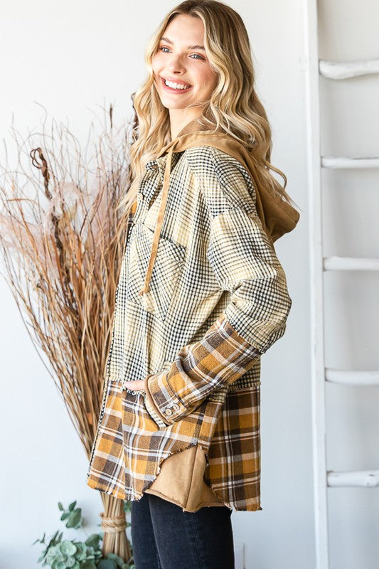 WASHED PLAID MIXED HOODED BUTTON FRONT SHACKET