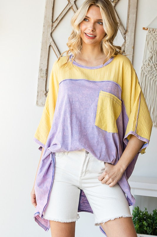 WASHED COLORBLOCK FRONT POCKET OVERSIZED BOX TEE