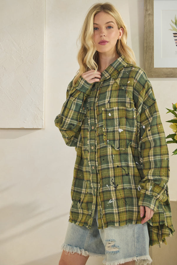 WASHED BUTTON DOWN LONG SLEEVE PLAID SHIRT
