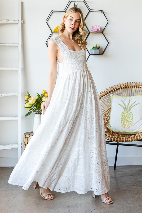 WASHED SMOCKED EYELET SLEEVELESS WIDE LEG JUMPSUIT